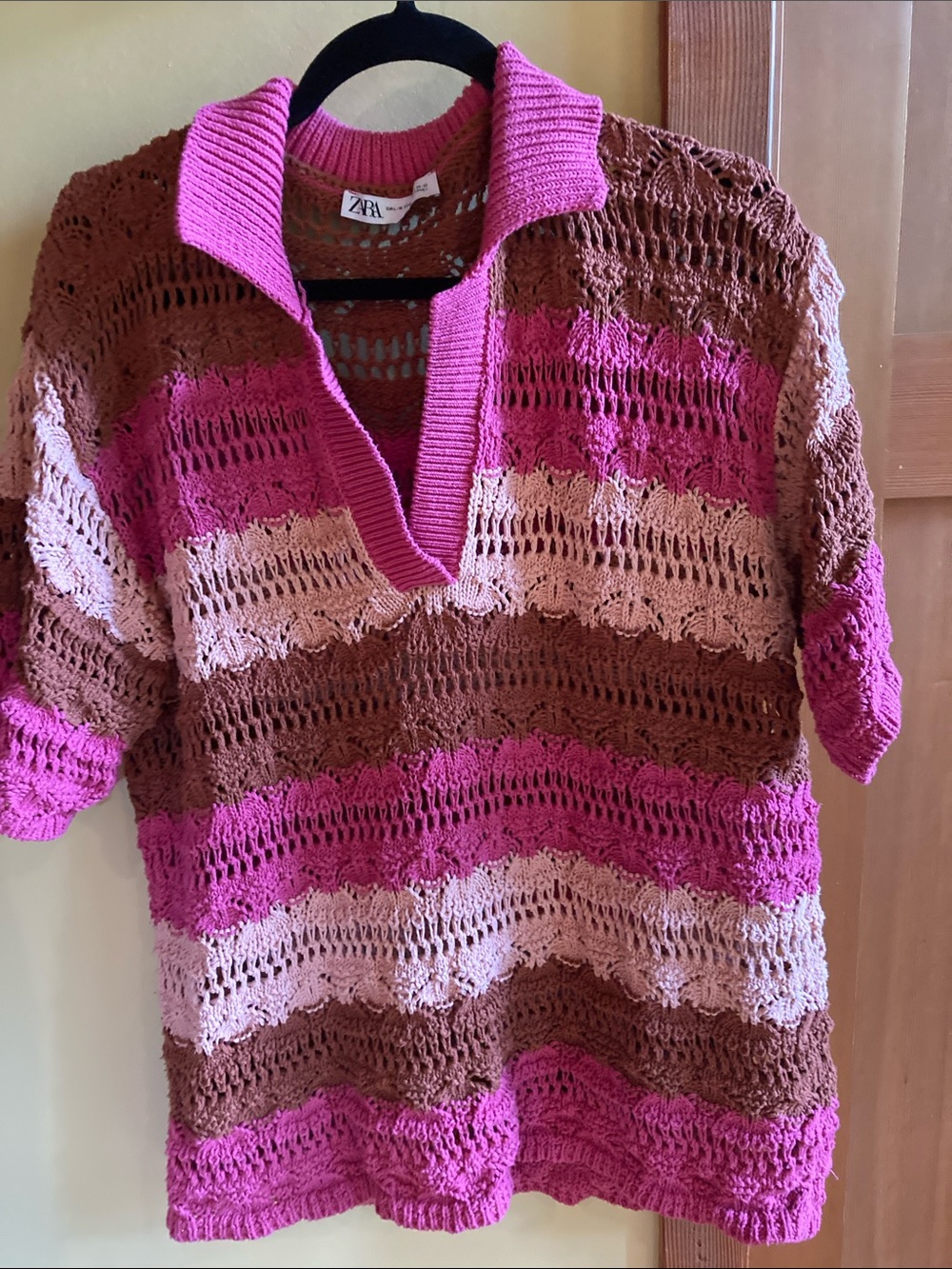 ZARA Open Weave Crochet Multicolour Striped Polo/V-Neck Pink and Brown - XL